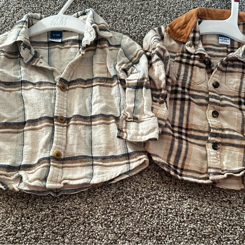 Old Navy Baby Plaid Button Down Shirts - Cream and Brown